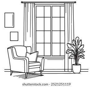 Chair and window sketch. Interior, relax place