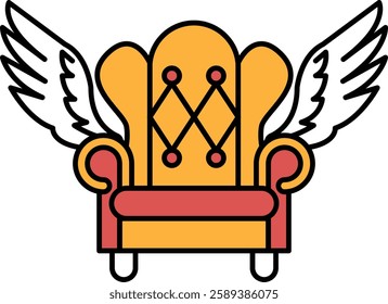 A chair with wings on it. The chair is orange and red. The wings are white. The chair is a symbol of royalty and power