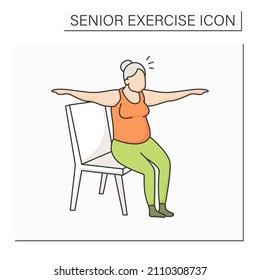 Chair Yoga Color Icon. Old Woman Sitting On Chair. Yoga Exercises. Sport Life. Prevention Diseases. Senior Exercise Concept. Isolated Vector Illustration