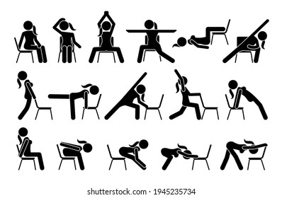 Chair yoga exercises stick figure pictogram icons. Vector illustrations of chair yoga postures, poses, and workout for beginners. 