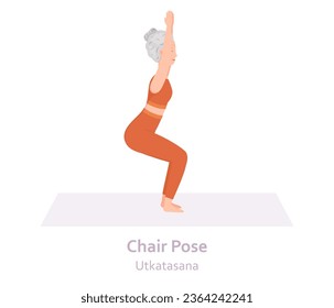 Chair Yoga pose. Utkatasana. Elderly woman practicing yoga asana. Healthy lifestyle. Flat cartoon character. Vector illustration