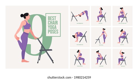 Chair Yoga Poses. Chair Stretching Exercises Set. Woman Workout Fitness, Aerobic And Exercises. Vector Illustration.