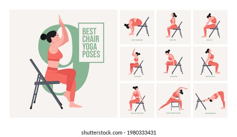 Chair yoga poses. Chair stretching exercises set. Woman workout fitness, aerobic and exercises. Vector Illustration. - Shutterstock ID 1980333431