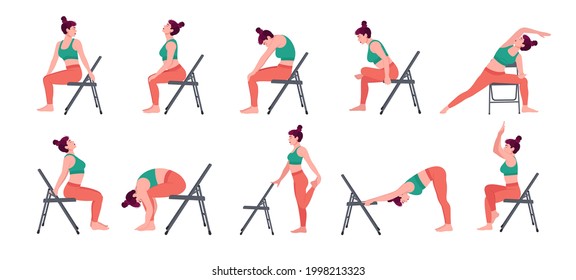 Chair yoga poses. Chair stretching exercises set. Woman workout fitness, aerobic and exercises. Vector Illustration.	
