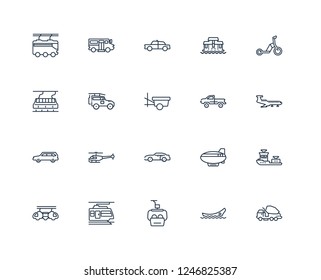 chairlift, eco-friendly transport, compact car, Limousine, Monster truck, light rail, PT boat, Automobile, Tanker, dirigible, Cab outline vector icons from 20 set