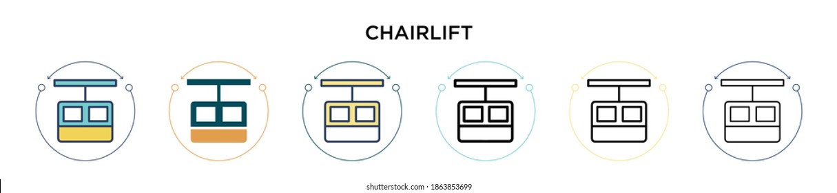 Chairlift icon in filled, thin line, outline and stroke style. Vector illustration of two colored and black chairlift vector icons designs can be used for mobile, ui, web