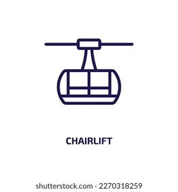 Sesselliftsymbol aus der Transportkollektion. Dünner linearer Sessellift, Fahrstuhl, Reiseumriss einzeln auf weißem Hintergrund. Leitlinie, Vektor-Sesselbahn-Zeichen, Symbol für Web und Mobil