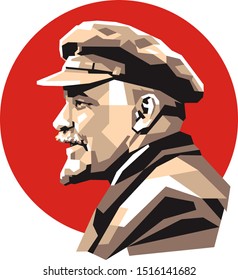 Chairman of the Council of People's Commissars of the Soviet Union,, Vladimir Lenin, colorful illustration on red round background