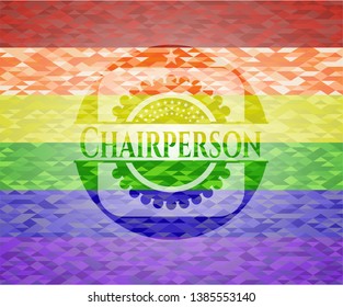 Chairperson emblem on mosaic background with the colors of the LGBT flag