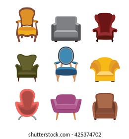 Chairs and armchairs icons set. Furniture collection of different armchairs in flat style. 