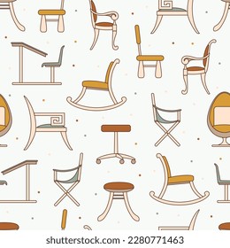 Chairs and armchairs seamless pattern. Boho color interior items on dots background. Different types of armchair, furniture. Computer, children, camping, classic, school, rocking, egg, stool ornament