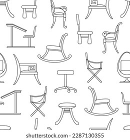 Chairs and armchairs seamless pattern. Outline interior items on white background. Different types of armchair, furniture. Computer, children, camping, classic, school, rocking, egg, stool ornament