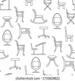 Chairs and armchairs seamless pattern. Set of line icons Chairs. Black outline of interior items isolated on white background. Computer, children, camping, school, rocking, egg chairs, stool image