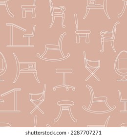 Chairs and armchairs seamless pattern. White interior items on boho pink background. Different types of armchair, furniture. Computer, children, camping, classic, school, rocking, egg, stool ornament