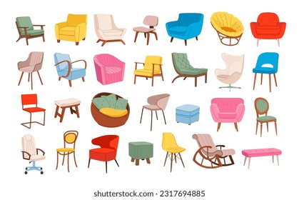 Sillas y sillones. Mobiliario para casa y oficina. Muebles clásicos y modernos para los diferentes interiores. Ilustración vectorial plana.