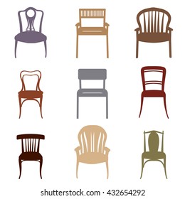 Chairs and Armchairs Silhouette Set. Modern and Ancient Furniture collection for home, office, restaurant, cafe
