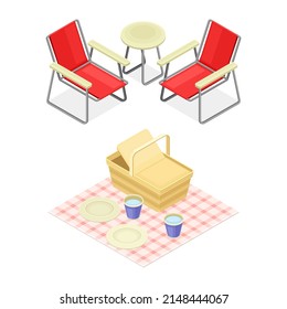Chairs with Armrest and Table with Basket and Checkered Cloth as Picnic Place Isometric Vector Illustration Set