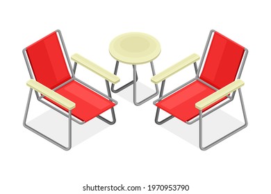 Chairs with Armrest and Table as Picnic Place Isometric Vector Illustration