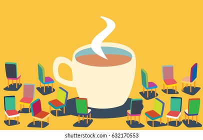 Chairs Arranged Around A Big Cup Of Coffee In The Office. Meeting Room. Support Room. Office Coffee Break. 