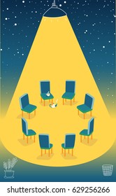 Chairs arranged in a circle in a light of a lamp under night stars. Night meeting room. Support room. Night tea break.