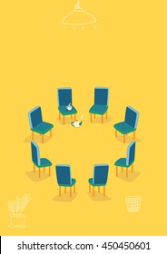 Chairs arranged in a circle. Meeting room. Support room. Tea break.