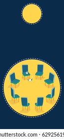 Chairs arranged in a circle. Meeting room. Support room. Tea break. Door handle tag with a office chairs.