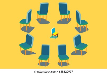 Chairs Arranged In A Circle And One Different Chair In The Center. Model Of Upbringing. Vector Abstract Illustration.