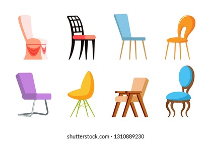 Chairs with back, side and front view, wood and metal, plastic kinds of colorful place for sitting, soft element of furniture. Design of seat vector