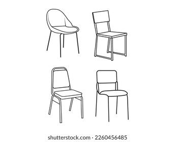 Chairs with back, side and front view, wood and metal, plastic soft element of furniture. Design of seat Vector