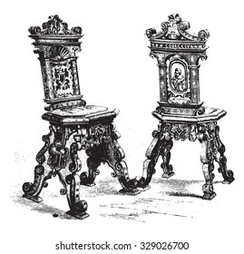 Chairs of the beginning of the seventeenth century, vintage engraved illustration. Magasin Pittoresque 1867.