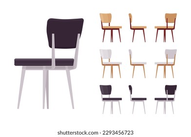 Grandes sillas para comer, cocina, salón, habitación de invitados. Casa de vacaciones, lectura, rincón de té o asiento de conserjería. Hogar de dibujos animados de estilo plano vectorial, artículos de oficina aislados en fondo blanco