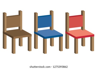 Chairs brown, blue and red.