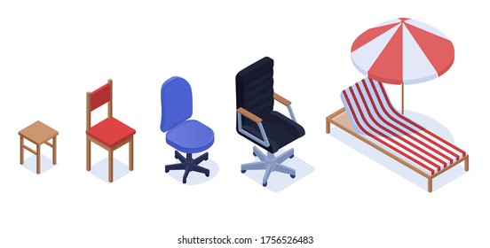 Chairs career growth indicator concept. Career growth of person in form chairs from simple vector worker with ordinary stool to head cartoon department armchair and head of company beach recliner.