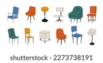 Chairs collection. Modern room interior furniture, cartoon stools different types and shapes, cozy home decor flat style. Vector isolated set. Comfortable armchair for living room, loft concept