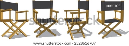 Director’s chairs in different orientations. The chair on the right has 'DIRECTOR' labeled on its backrest, highlighting that it is a seat meant for the movie director.