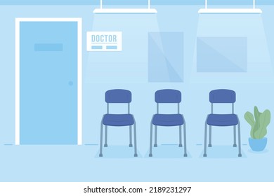 Stuhlstuhl in Arztpraxis Rezeption flach farbige Vektorgrafik. Ernennung eines Facharztes für Medizin. Vollständig bearbeitbares 2D-einfaches Cartoon-Interieur mit Klinik auf Hintergrund. Bebas Neue Schriftart verwendet