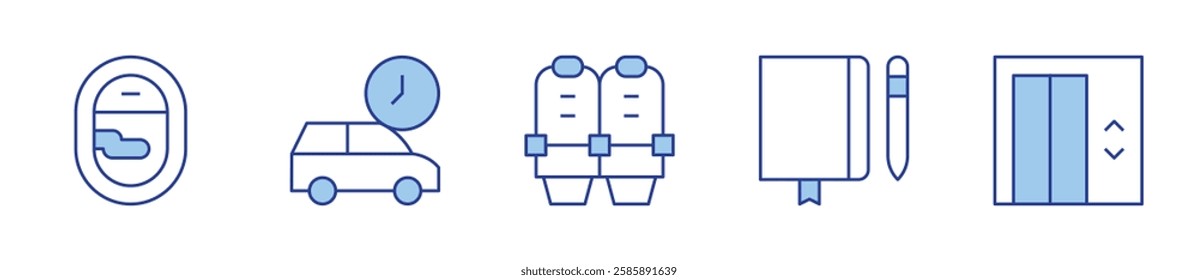 chairs, elevator, window, arrival, notebook. Travel Icon vector illustration. Line Duotone style. Editable stroke.
