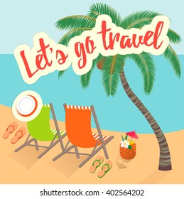 Chairs, Flip-flops, a Hat and a Cocktail under Tropical Coconut Palm Tree on the Beach