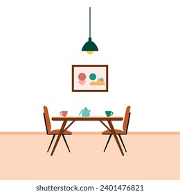 Sillas, vasos, mesa de comedor en la cocina. Ilustración vectorial de estilo plano	
