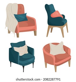 Chairs for home interior, isolated on a white background. Vector cartoon set of wooden chairs with armrests, comfortable seats for the living room. Modern leisure furniture