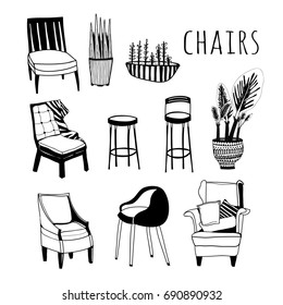 Chairs and home plants. Hand drawn doodle vector set. All elements are isolated