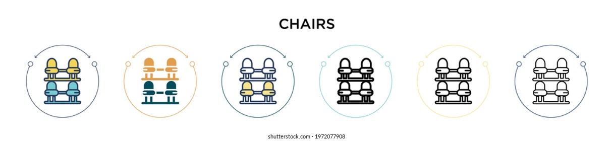 Chairs icon in filled, thin line, outline and stroke style. Vector illustration of two colored and black chairs vector icons designs can be used for mobile, ui, web