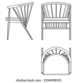 Conjunto de iconos de las sillas. Mobiliario de salón para la sala de estar o la cocina. Vista lateral, vista frontal y vista superior. Ilustración del vector sobre fondo blanco