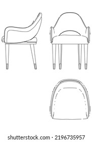 Conjunto de iconos de las sillas. Mobiliario de salón para la sala de estar o la cocina. Vista lateral, vista frontal y vista superior. Ilustración del vector sobre fondo blanco