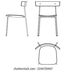 Conjunto de iconos de las sillas. Mobiliario de salón para la sala de estar o la cocina. Vista lateral, vista frontal y vista superior. Ilustración del vector sobre fondo blanco