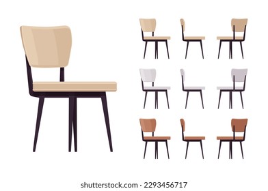 Chairs interior big set for dining, kitchen, living, guest room. Vacation house, reading, tea corner or comfort desk seat. Vector flat style cartoon home, office articles isolated on white background