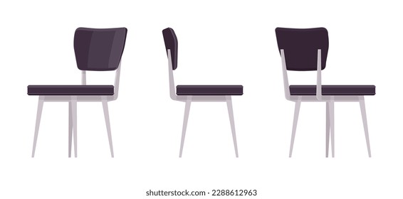 Chairs interior black set for dining, kitchen, living, guest room. Reading, desk seat. Vector flat style cartoon home, office furniture articles isolated, white background front, side, rear view