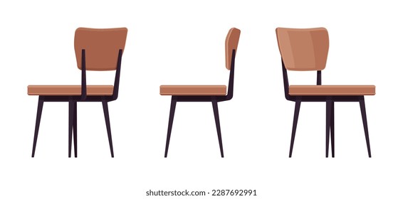 Chairs interior brown set for dining, kitchen, living, guest room. Reading, desk seat. Vector flat style cartoon home, office furniture articles isolated, white background front, side, rear view