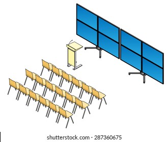 Chairs, lectern and screen setup for a presentation, lecture or seminar. With a TV wall made up of 8 flat screen TVs.