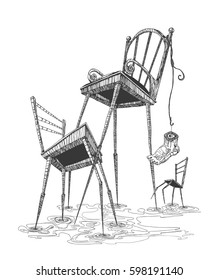 Chairs with long legs. The chairs are dancing. Surrealism. Hand drawn illustration